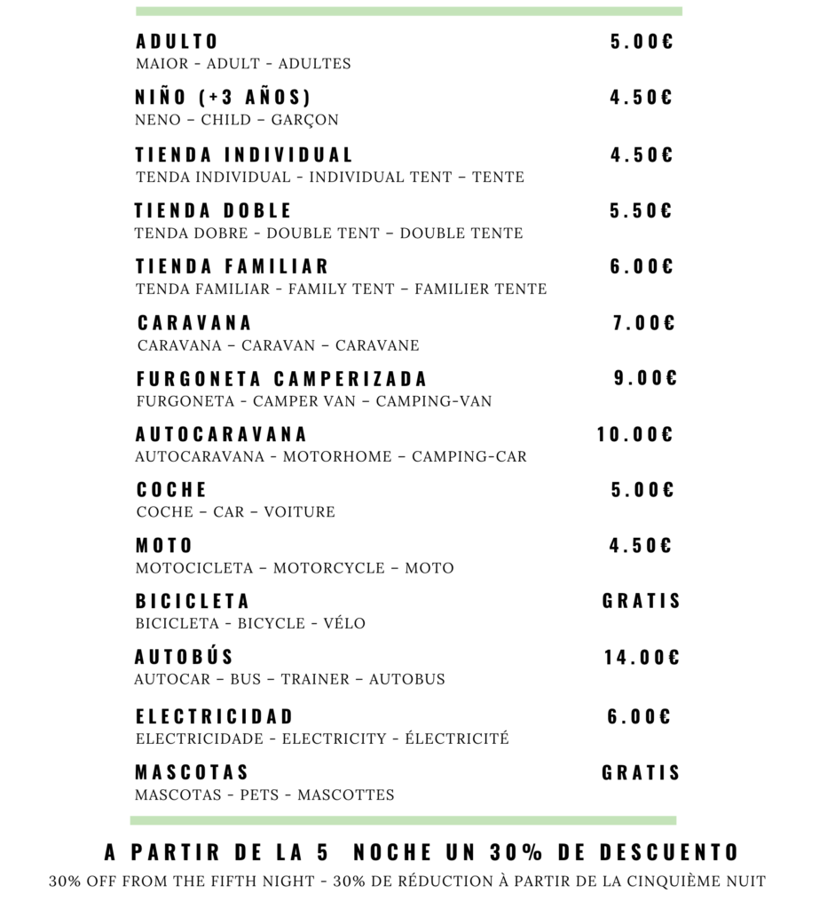 Precios de Camping El Mesón
